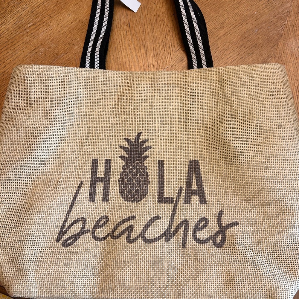 Tan Beach Tote Bag with Black Straps